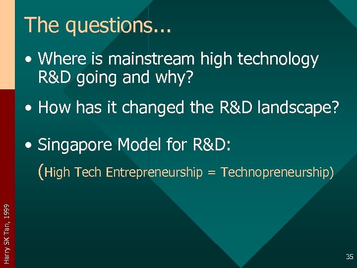 The questions. . . • Where is mainstream high technology R&D going and why?