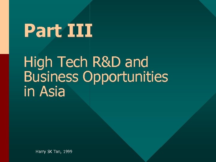 Part III High Tech R&D and Business Opportunities in Asia Harry SK Tan, 1999