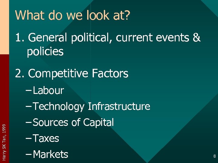 What do we look at? 1. General political, current events & policies 2. Competitive
