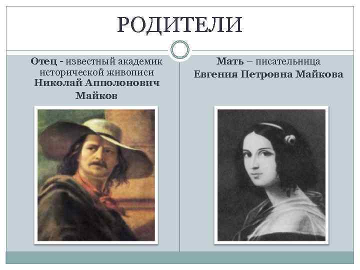 РОДИТЕЛИ Отец - известный академик Мать – писательница исторической живописи Евгения Петровна Майкова Николай