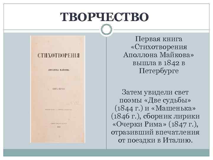 ТВОРЧЕСТВО Первая книга «Стихотворения Аполлона Майкова» вышла в 1842 в Петербурге Затем увидели свет