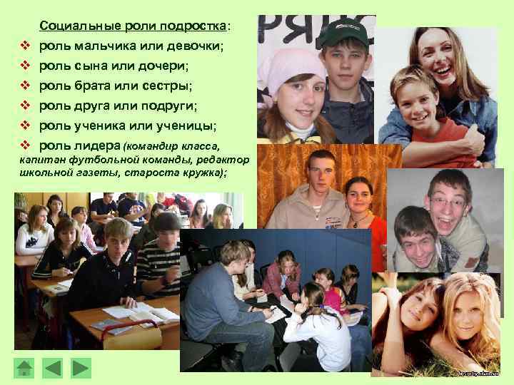 Социальные роли подростка: v роль мальчика или девочки; v роль сына или дочери; v