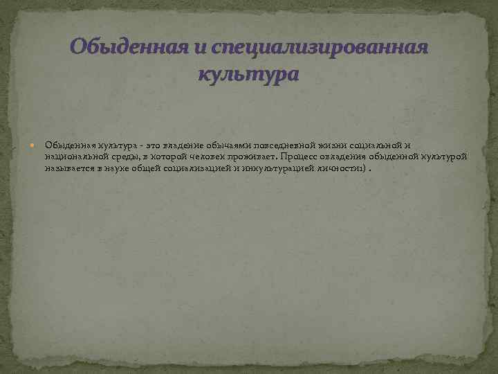 Обыденная и специализированная культура Обыденная культура - это владение обычаями повседневной жизни социальной и