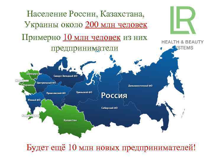 Население России, Казахстана, Украины около 200 млн человек Примерно 10 млн человек из них