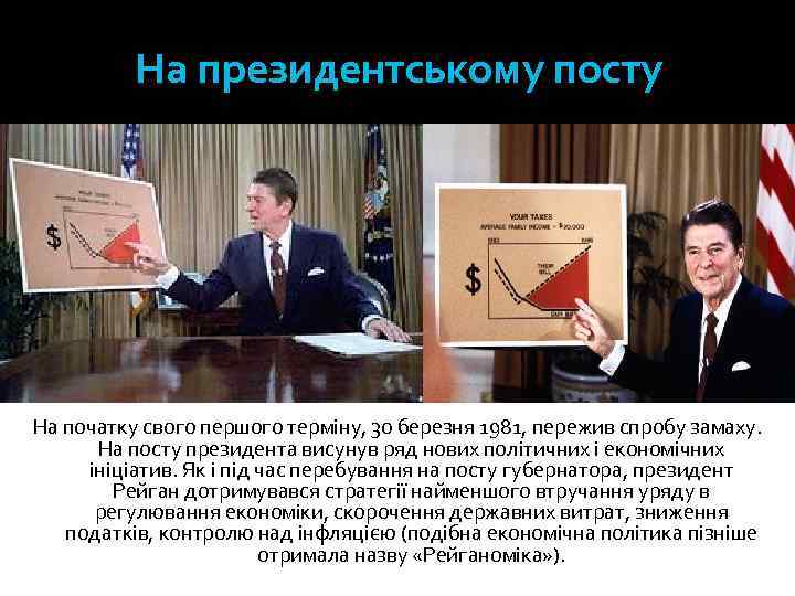 На президентському посту На початку свого першого терміну, 30 березня 1981, пережив спробу замаху.