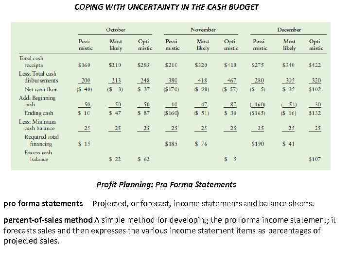 COPING WITH UNCERTAINTY IN THE CASH BUDGET Profit Planning: Pro Forma Statements pro forma