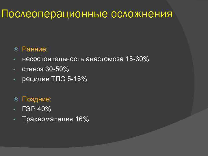 Послеоперационные осложнения Ранние: • несостоятельность анастомоза 15 -30% • стеноз 30 -50% • рецидив