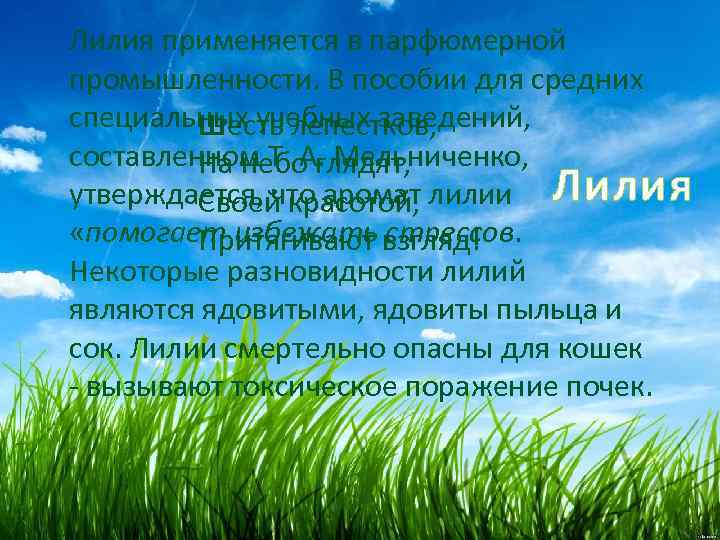Лилия применяется в парфюмерной промышленности. В пособии для средних специальных учебных заведений, Шесть лепестков,