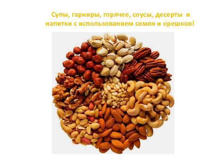 Супы, гарниры, горячее, соусы, десерты и напитки с использованием семян и орешков!. 