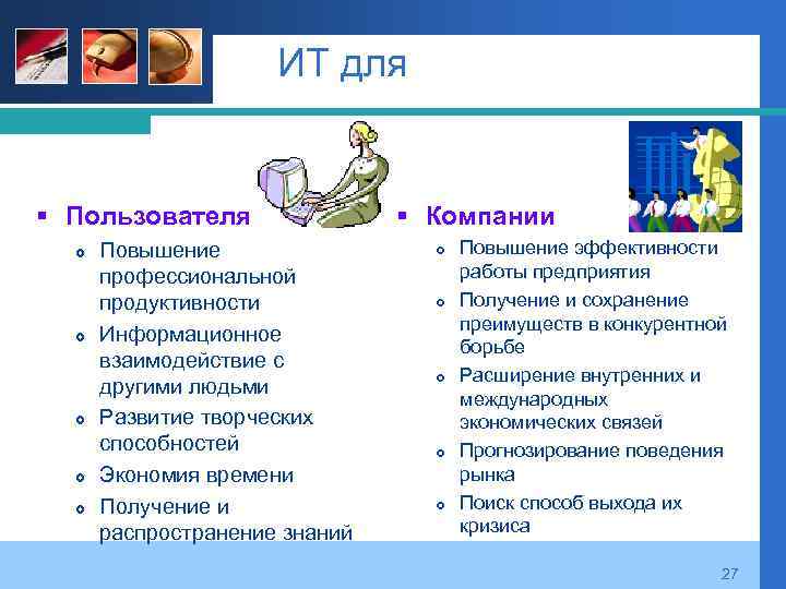 ИТ для § Пользователя Повышение профессиональной продуктивности Информационное взаимодействие с другими людьми Развитие творческих