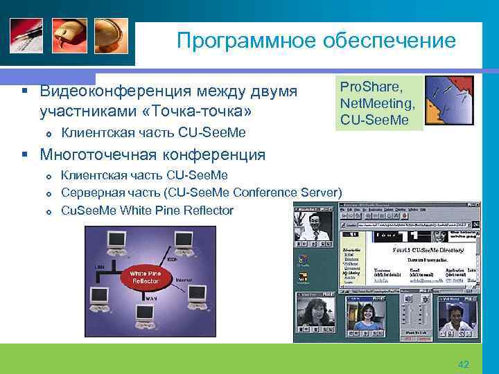 Программное обеспечение § Видеоконференция между двумя участниками «Точка точка» Клиентская часть CU See. Me
