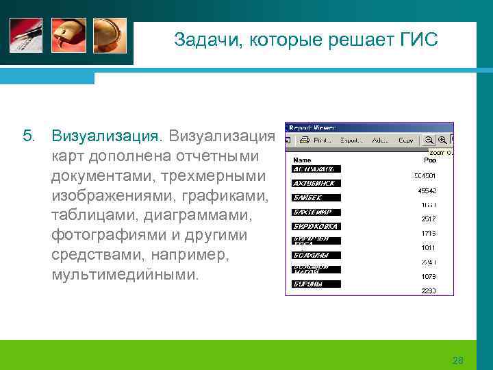 Задачи, которые решает ГИС 5. Визуализация карт дополнена отчетными документами, трехмерными изображениями, графиками, таблицами,