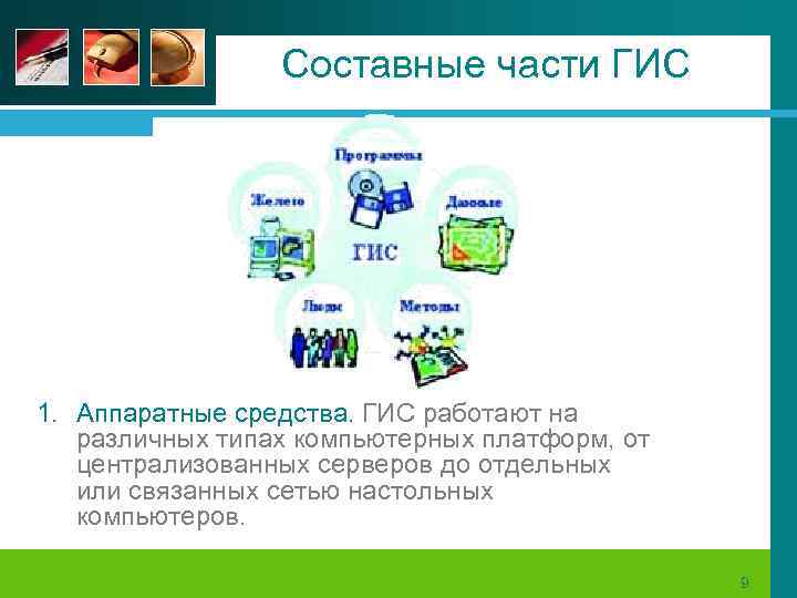 Составные части ГИС 1. Аппаратные средства. ГИС работают на различных типах компьютерных платформ, от