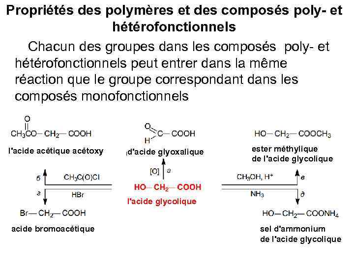 Propriétés des polymères et des composés poly- et hétérofonctionnels Chacun des groupes dans les