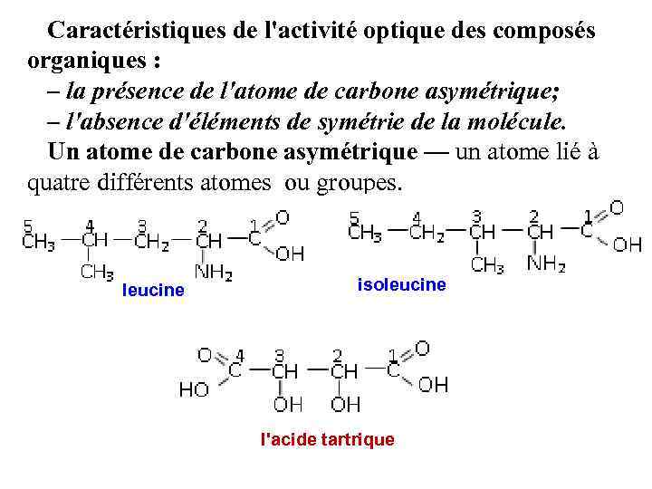 Caractéristiques de l'activité optique des composés organiques : – la présence de l'atome de