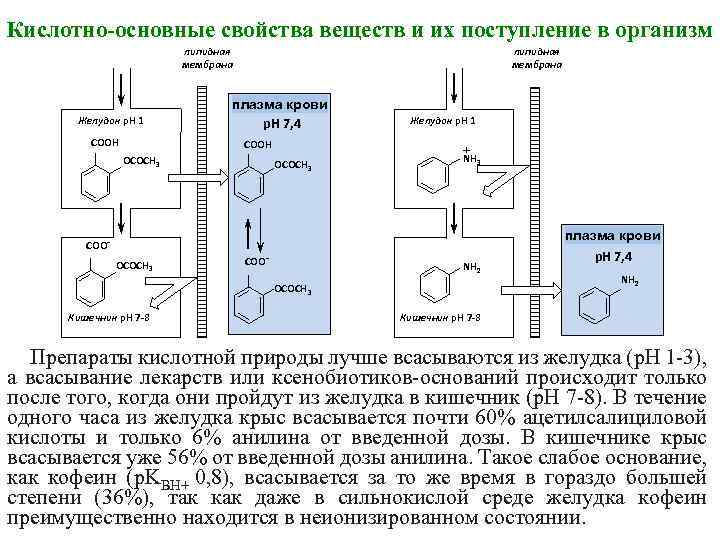 Кислотно-основные свойства веществ и их поступление в организм липидная мембрана Желудок р. Н 1