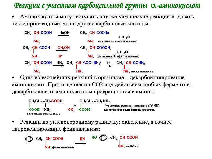 Реакции с участием карбоксильной группы -аминокислот • Аминокислоты могут вступать в те же химические