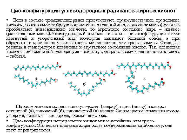 Цис-конфигурация углеводородных радикалов жирных кислот • Если в составе триацилглицеринов присутствуют, преимущественно, предельные кислоты,