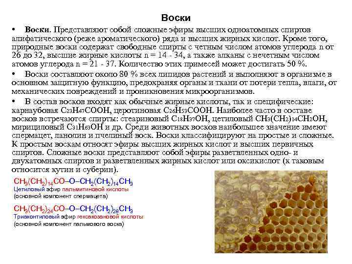 Воски • Воски. Представляют собой сложные эфиры высших одноатомных спиртов алифатического (реже ароматического) ряда