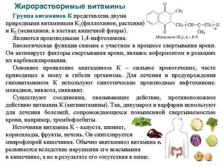 Жирорастворимые витамины Группа витаминов К представлена двумя природными витаминами К 1(филлохинон, растения) и К