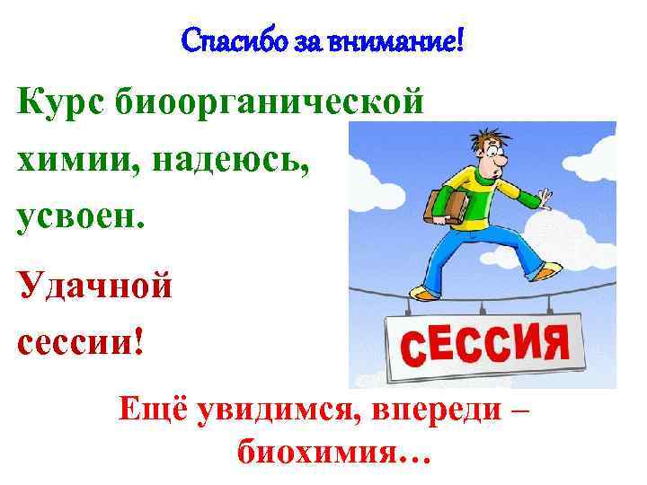 Спасибо за внимание! Курс биоорганической химии, надеюсь, усвоен. Удачной сессии! Ещё увидимся, впереди –