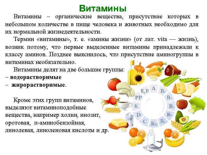 Витамины – органические вещества, присутствие которых в небольшом количестве в пище человека и животных