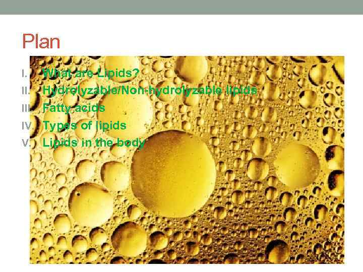 Plan I. III. IV. V. What are Lipids? Hydrolyzable/Non-hydrolyzable lipids Fatty acids Types of