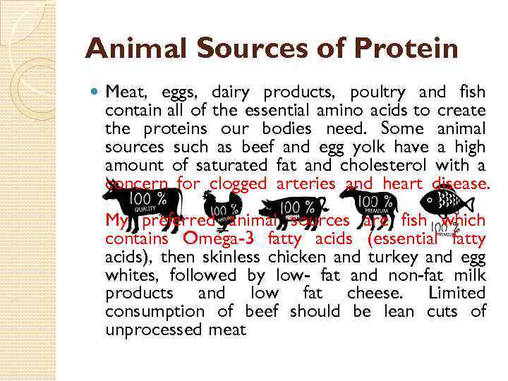 Animal Sources of Protein Meat, eggs, dairy products, poultry and fish contain all of