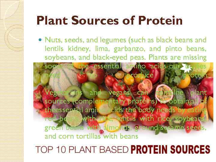 Plant Sources of Protein Nuts, seeds, and legumes (such as black beans and lentils