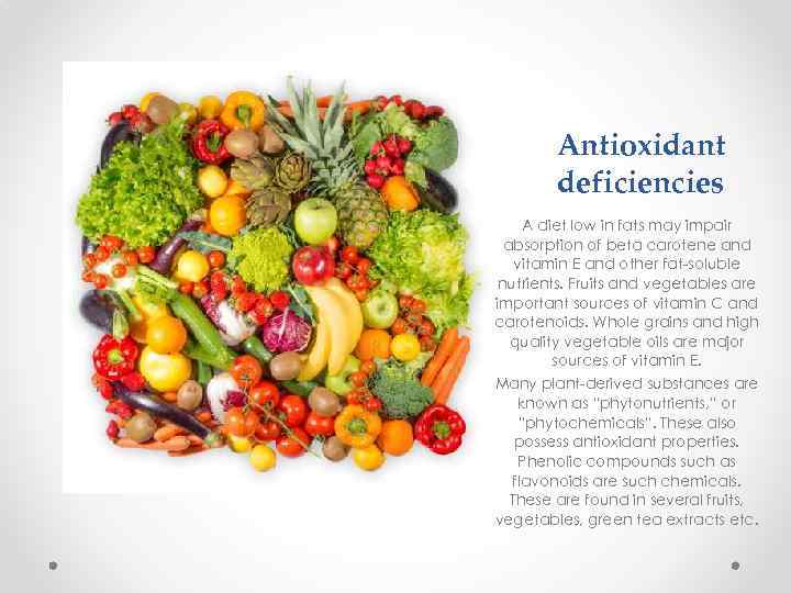 Antioxidant deficiencies A diet low in fats may impair absorption of beta carotene and