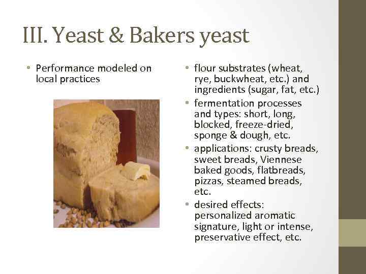 III. Yeast & Bakers yeast • Performance modeled on local practices • flour substrates