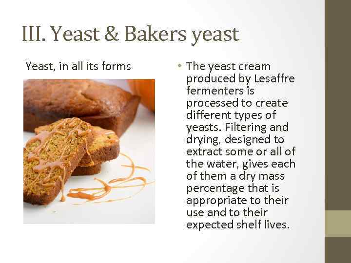III. Yeast & Bakers yeast Yeast, in all its forms • The yeast cream
