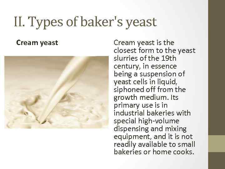 II. Types of baker's yeast Cream yeast is the closest form to the yeast