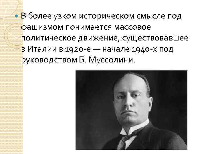  В более узком историческом смысле под фашизмом понимается массовое политическое движение, существовавшее в