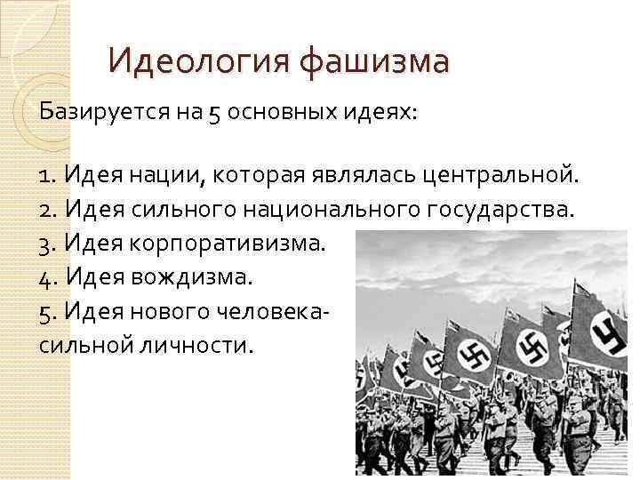 Идеология фашизма Базируется на 5 основных идеях: 1. Идея нации, которая являлась центральной. 2.