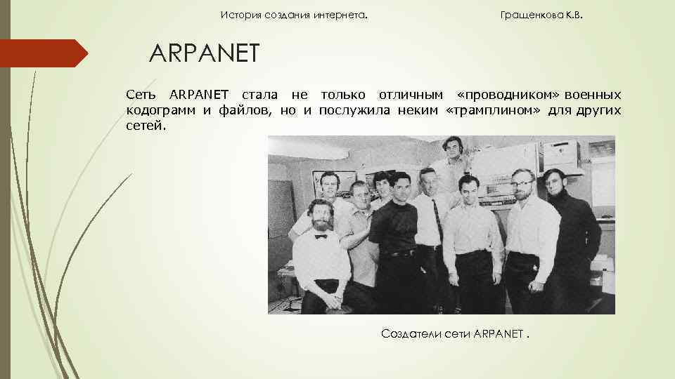 История создания интернета. Гращенкова К. В. ARPANET Сеть ARPANET стала не только отличным «проводником»