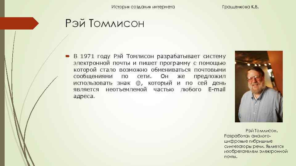 История создания интернета Гращенкова К. В. Рэй Томлисон В 1971 году Рэй Томлисон разрабатывает