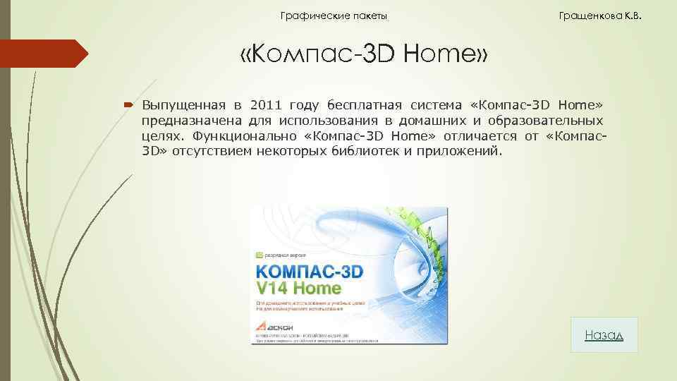 Графические пакеты Гращенкова К. В. «Компас-3 D Home» Выпущенная в 2011 году бесплатная система