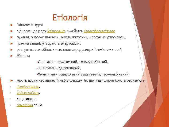 Етіологія Salmonella typhi відносять до роду Salmonella, сімейства Enterobacteriaceae рухливі, у формі палички, мають