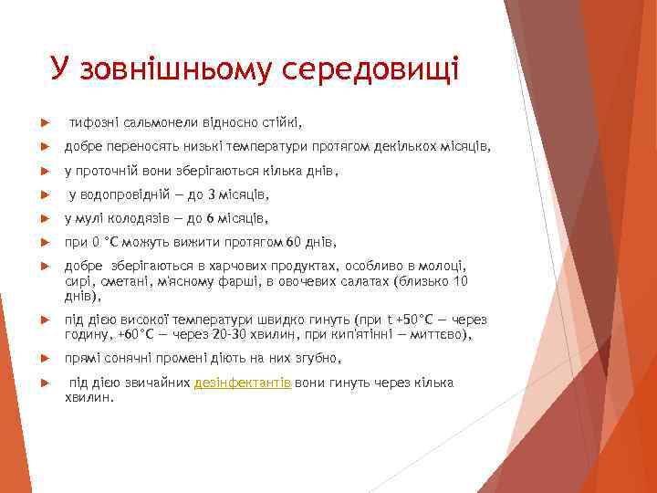 У зовнішньому середовищі тифозні сальмонели відносно стійкі, добре переносять низькі температури протягом декількох місяців,