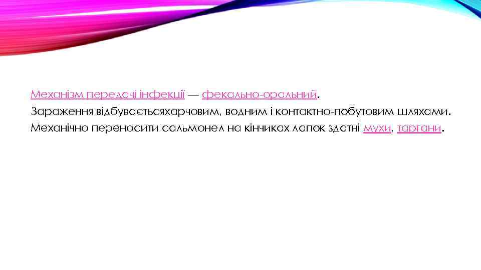 Механізм передачі інфекції — фекально-оральний. Зараження відбуваєтьсяхарчовим, водним і контактно-побутовим шляхами. Механічно переносити сальмонел