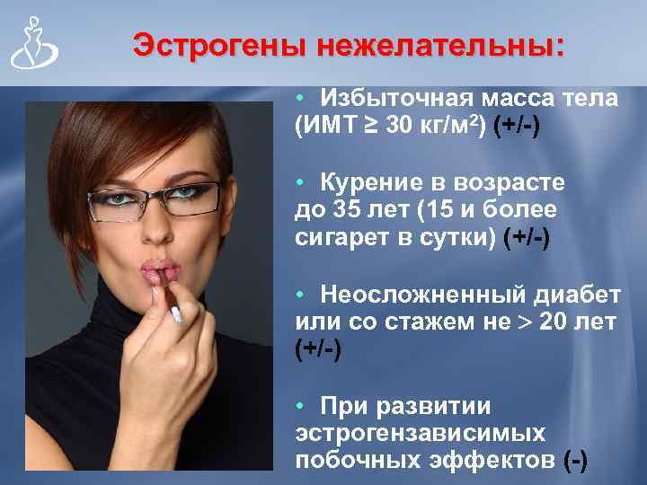 Эстрогены нежелательны: • Избыточная масса тела (ИМТ ≥ 30 кг/м 2) (+/-) • Курение