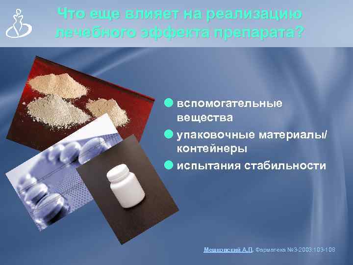 Что еще влияет на реализацию лечебного эффекта препарата? вспомогательные вещества упаковочные материалы/ контейнеры испытания