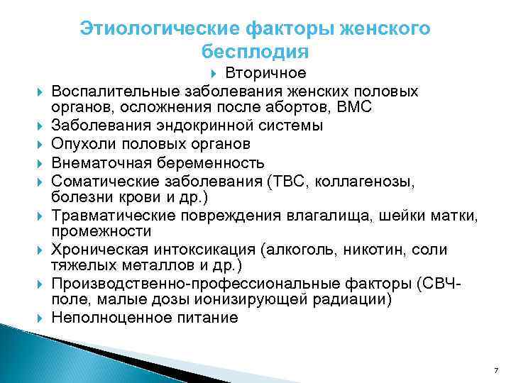 Этиологические факторы женского бесплодия Вторичное Воспалительные заболевания женских половых органов, осложнения после абортов, ВМС