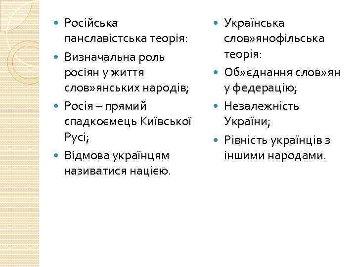 Російська панславістська теорія: Визначальна роль росіян у життя слов» янських народів; Росія – прямий
