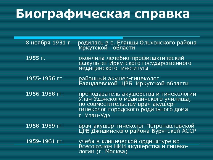 Биографическая справка 8 ноября 1931 г. родилась в с. Еланцы Ольхонского района Иркутской области