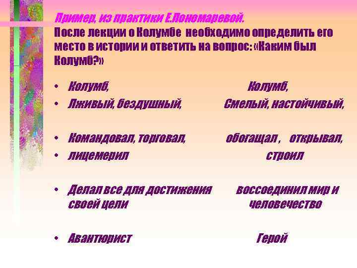 Пример, из практики Е. Пономаревой. После лекции о Колумбе необходимо определить его место в