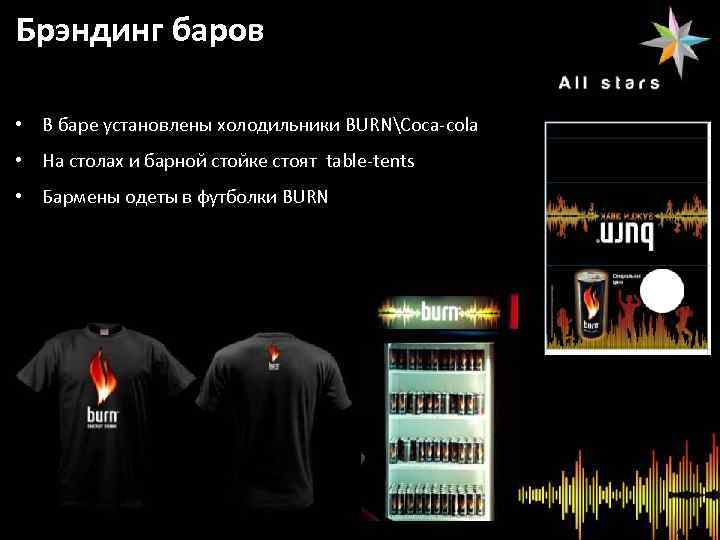 Брэндинг баров • В баре установлены холодильники BURNСоса-cola • Информация остоят table-tents мероприятии На