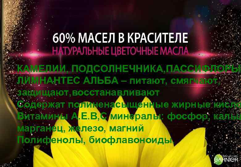 КАМЕЛИИ, ПОДСОЛНЕЧНИКА, ПАССИФЛОРЫ, ЛИМНАНТЕС АЛЬБА – питают, смягчают, защищают, восстанавливают Содержат полиненасыщенные жирные кисло