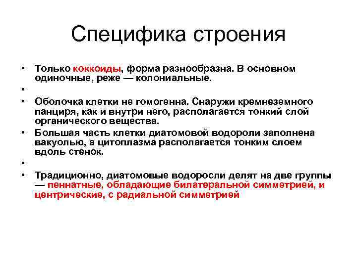 Специфика строения • Только коккоиды, форма разнообразна. В основном одиночные, реже — колониальные. •